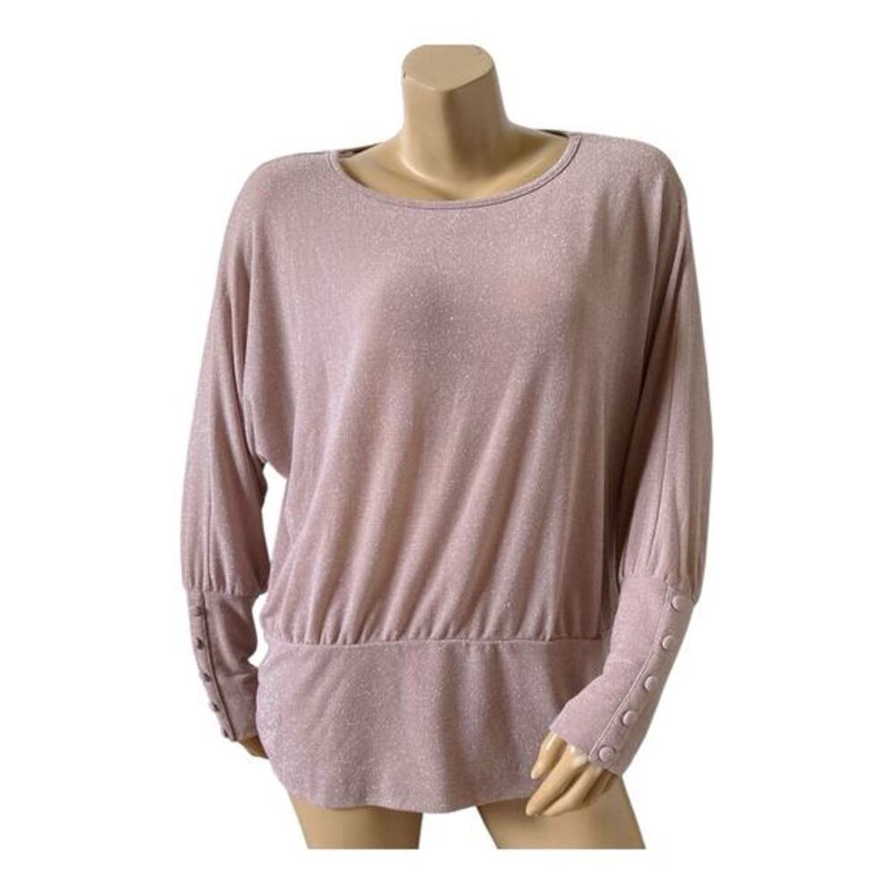Democracy Blouse Womens XL Pink Shimmer Metallic Balloon Sleeve Stretch Tunic